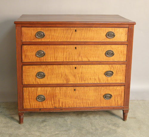 Appraisal: Sheraton tiger maple and cherry chest of drawers ca signed