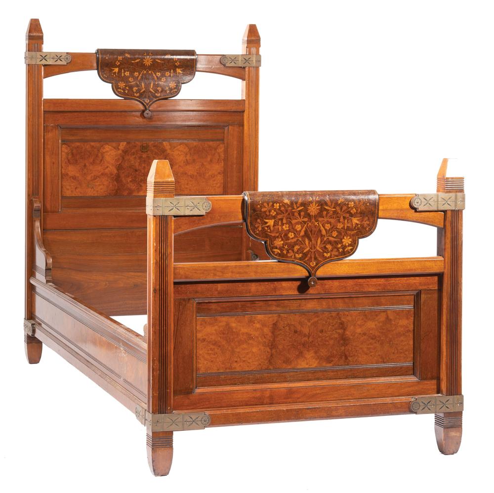 Appraisal: American Modern Gothic Marquetry and Burled Walnut Bedstead possibly Herter