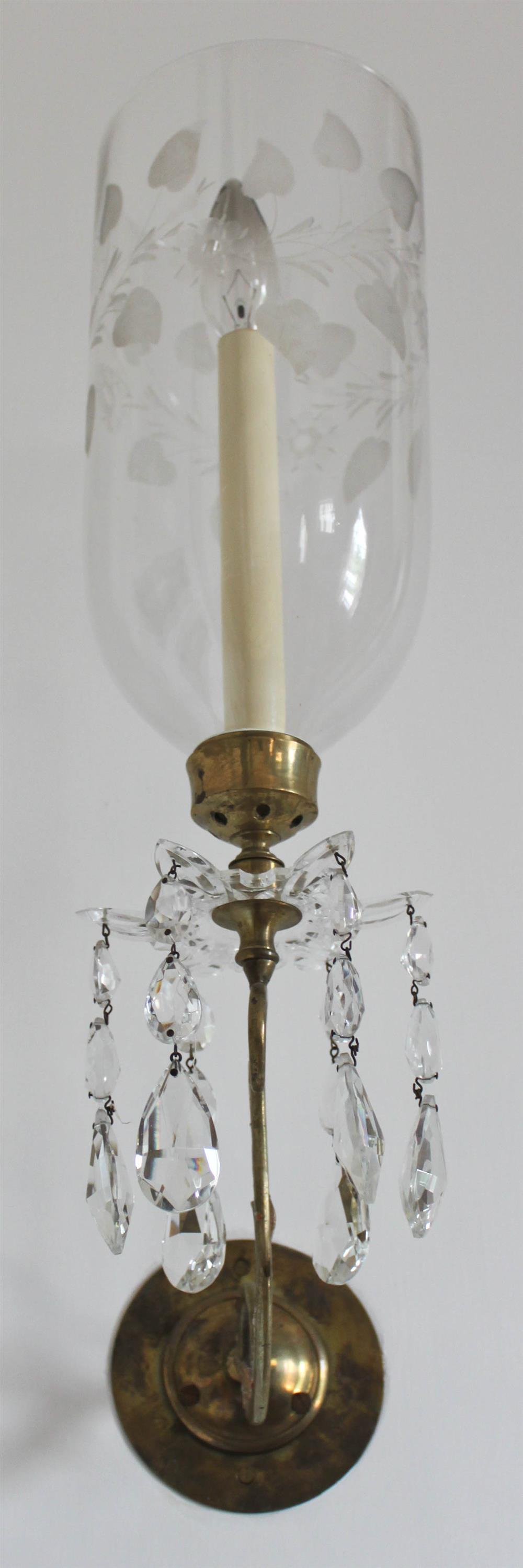 Appraisal: FOUR ENGLISH BRASS AND ENGRAVED GLASS WALL LIGHTS each circular