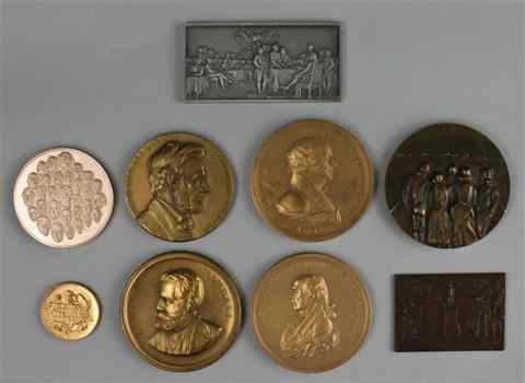 Appraisal: NINE COMMEMORATIVE PIECES including Presidential medals Madison van Buren Lincoln