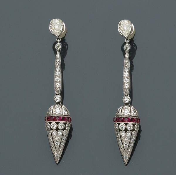 Appraisal: A pair of diamond and ruby earrings estimated total diamond