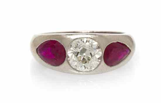 Appraisal: An Art Deco Platinum Diamond and Ruby Ring containing one