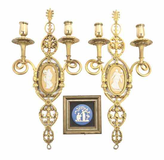 Appraisal: A Pair of Neoclassical Gilt Bronze and Jasperware Two-Light Sconces