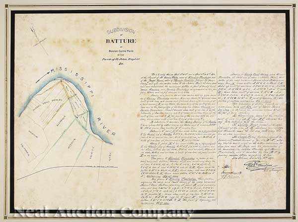 Appraisal: Bonnet Carr Point Manuscript Map Subdivision of Batture at Bonnet