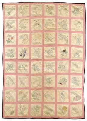 Appraisal: state flower embroidered quilt squares with pink sashing and border