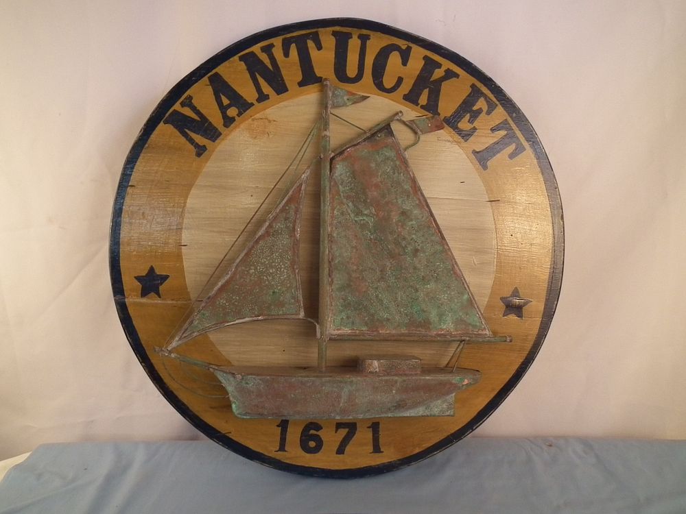 Appraisal: NANTUCKET WOOD SIGN Large vintage round carved and painted wood