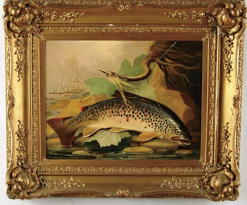 Appraisal: PERCY FORSTER British th Century YELLOW-FIN TROUT Oil on canvas