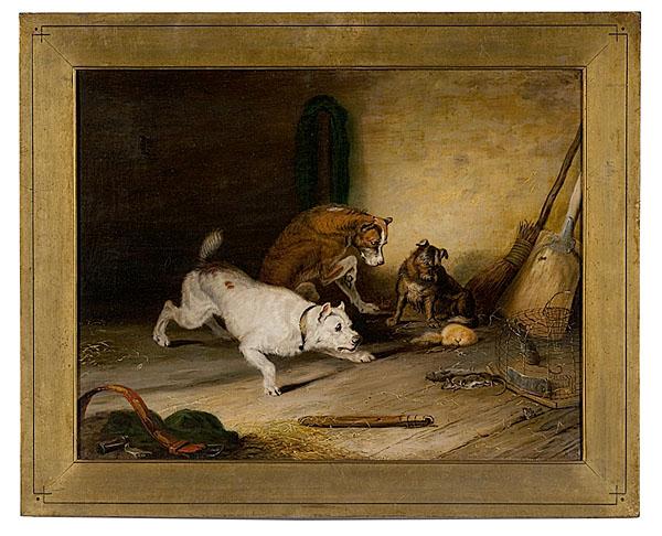 Appraisal: THREE TERRIERS RATTING IN A BARN GEORGE ARMFIELD ATTRIBUTED English