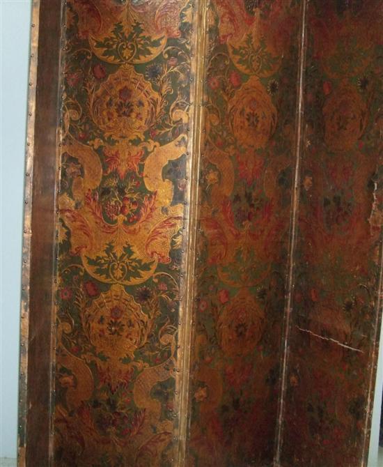 Appraisal: th century leather folding four panel screen embossed and painted