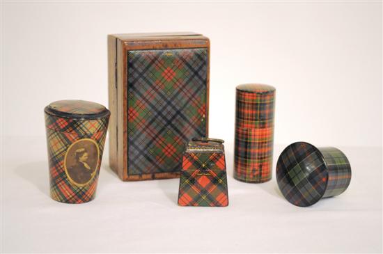 Appraisal: Five pieces of Tartanware a ''Louise'' tartan top wooden box