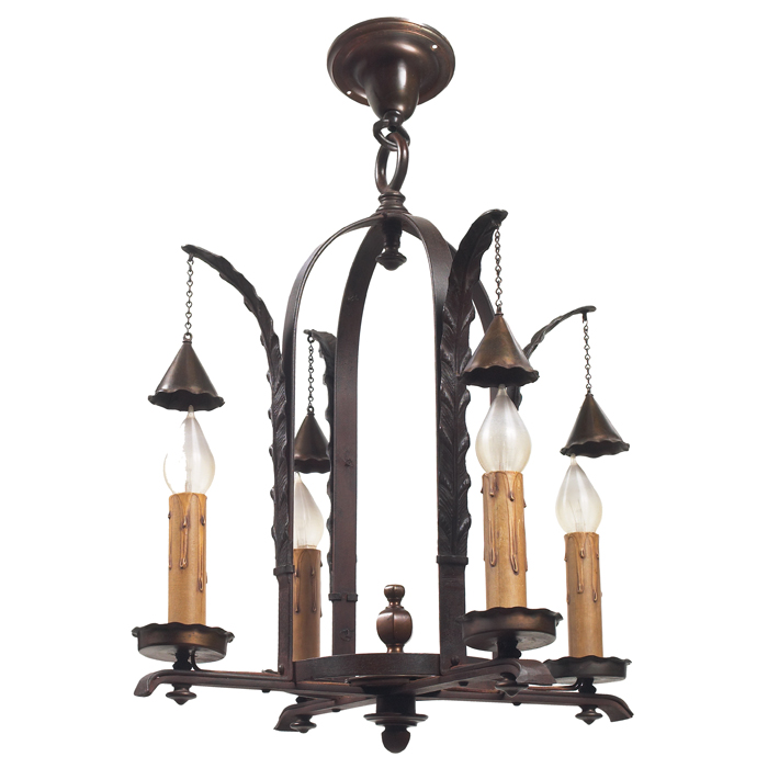 Appraisal: Arts Crafts period hanging fixture in iron with four candle-form