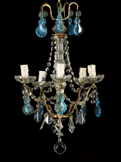 Appraisal: French Gilt-Brass Sky-Blue and Colorless Cut Glass Five-Light Chandelier of