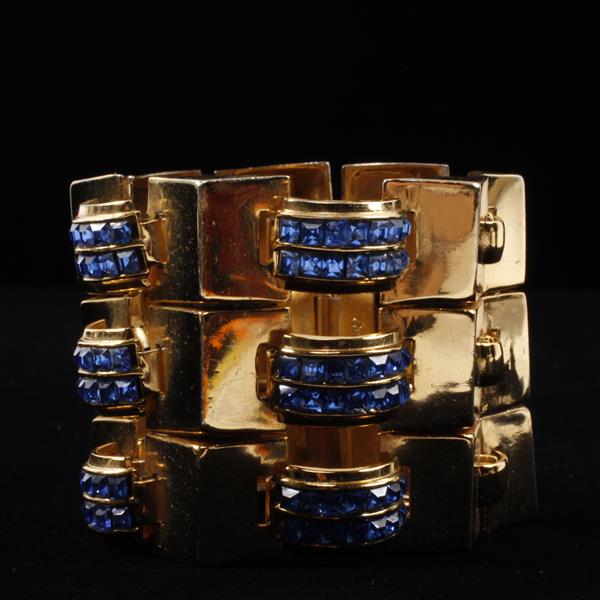 Appraisal: Coro Retro gold-tone and blue rhinestone wide cuff bracelet