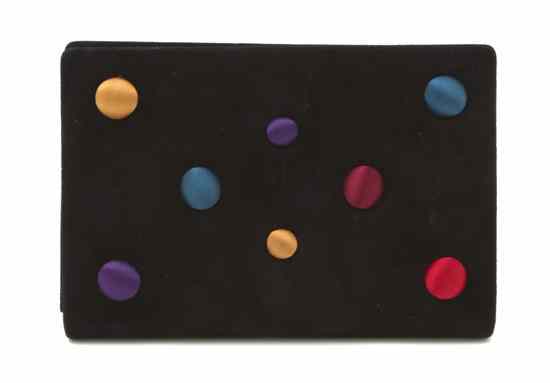 Appraisal: A Paloma Picasso Black Suede Bag multicolor satin dot appliques