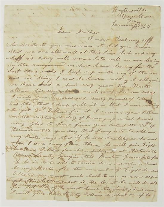 Appraisal: Letter from Slave to His Mother Two page letter from