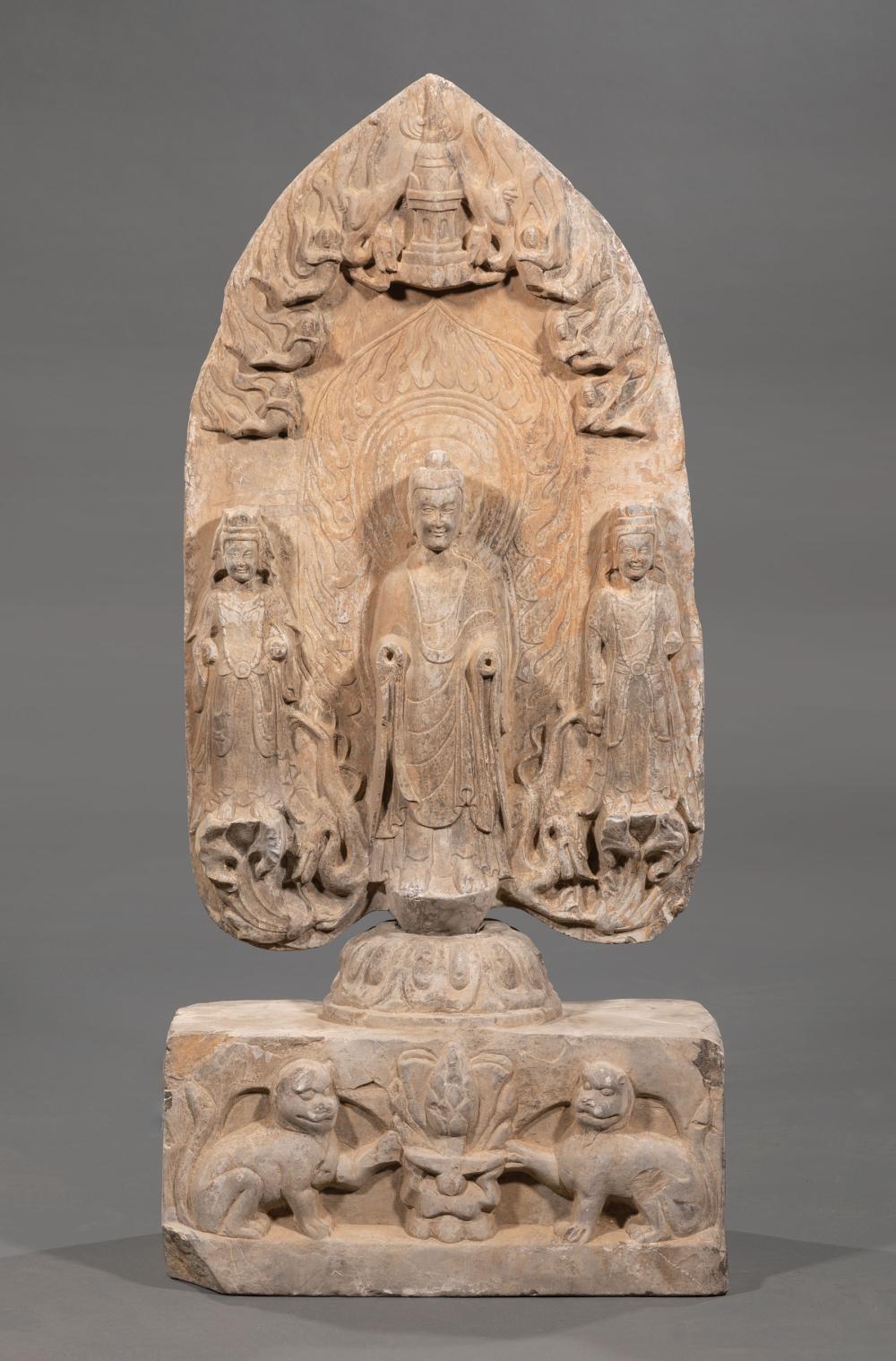 Appraisal: Chinese Stone Stele on Stand carved as a flame-shaped mandorla