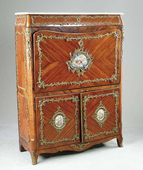 Appraisal: FRENCH LOUIS XV XVI MARQUETRY SECRETARIE A ABATTANT Marble top