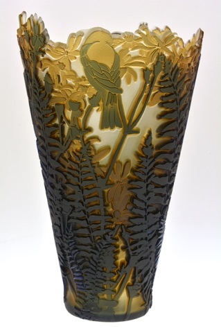 Appraisal: Pilgrim Cameo Glass Vase Goldfinch Perch cutaway Titled Signed and