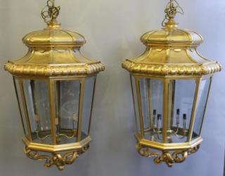 Appraisal: Magnificent Pair of Large Antique Dore Bronze Hurricane Chandeliers Great