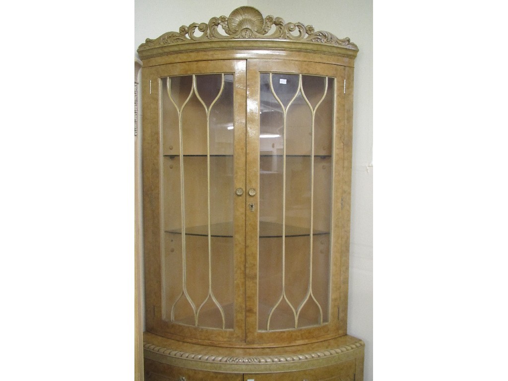 Appraisal: Bleached walnut bookcase with matching corner cabinet and four chairs