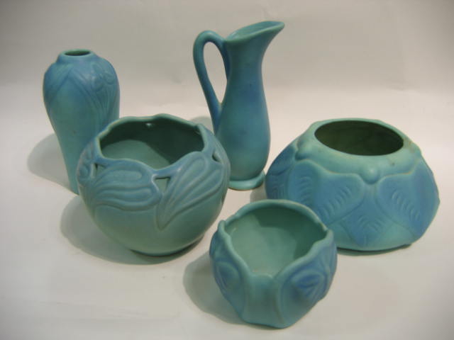 Appraisal: VAN BRIGGLE COLORADO SPRINGS Five blue glazed pottery items four