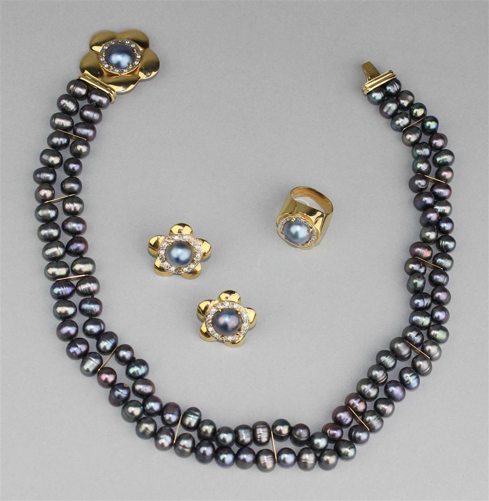 Appraisal: SUITE OF BLACK PEARLS IN K GOLD NECKLACE EARRINGS AND