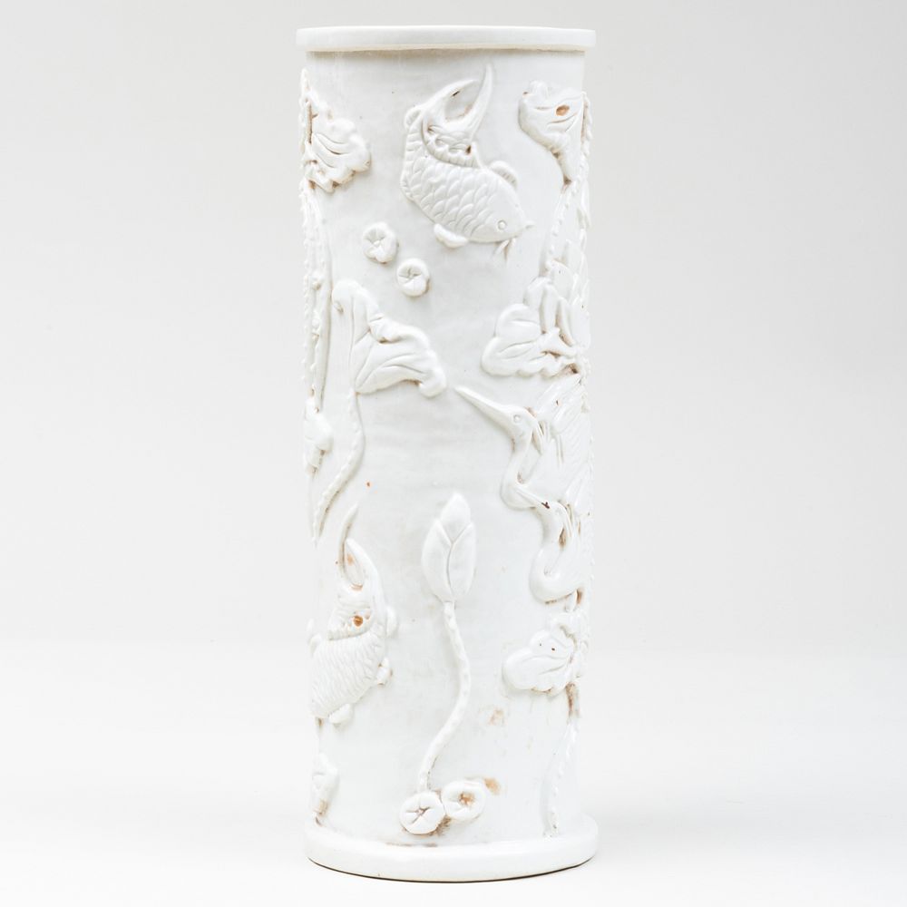 Appraisal: Chinese White Porcelain Cylindrical Glazed Vase Molded with Fish Cranes