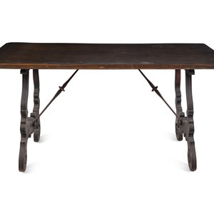 Appraisal: A Spanish Baroque Style Iron Mounted Walnut Trestle Table th