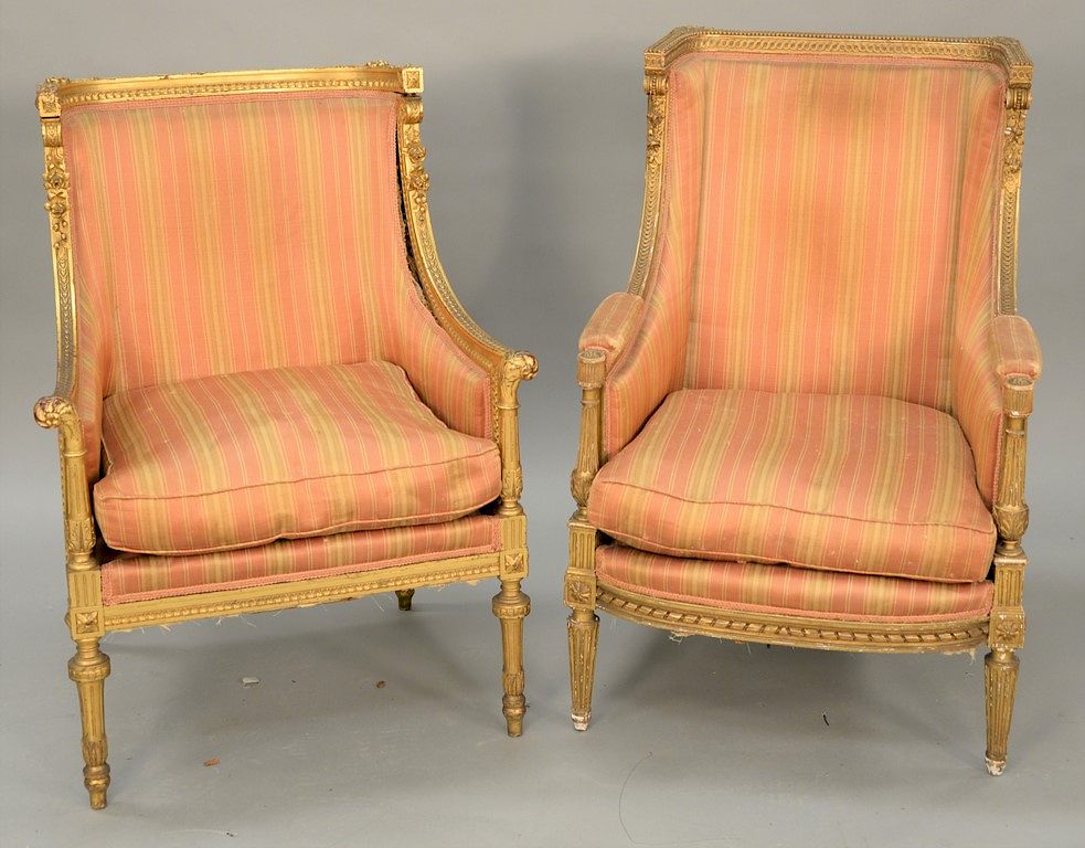 Appraisal: Pair of Louis XVI style bergere with gilt frames Pair