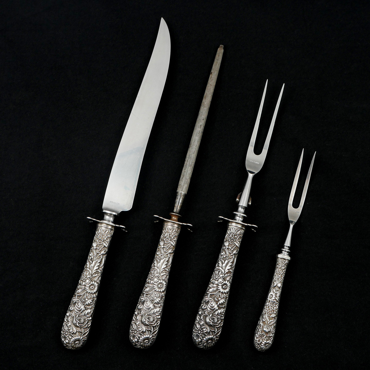 Appraisal: KIRK ''REPOUSSE'' STERLING CARVING SET pieces to include sharpener forks