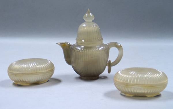 Appraisal: A group of three agate miniature vessels Including two ovoid