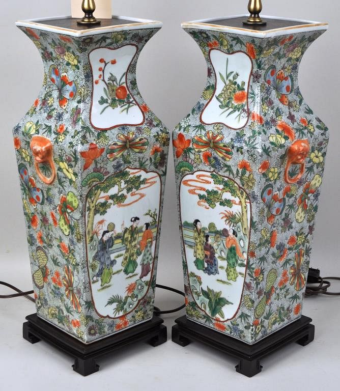 Appraisal: Pair Chinese Porcelain Famille Rose Vases square baluster form fitted