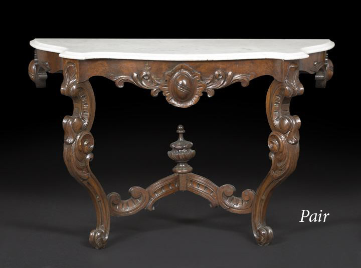 Appraisal: Pair of American Rococo Revival Walnut and Marble-Top Consoles third