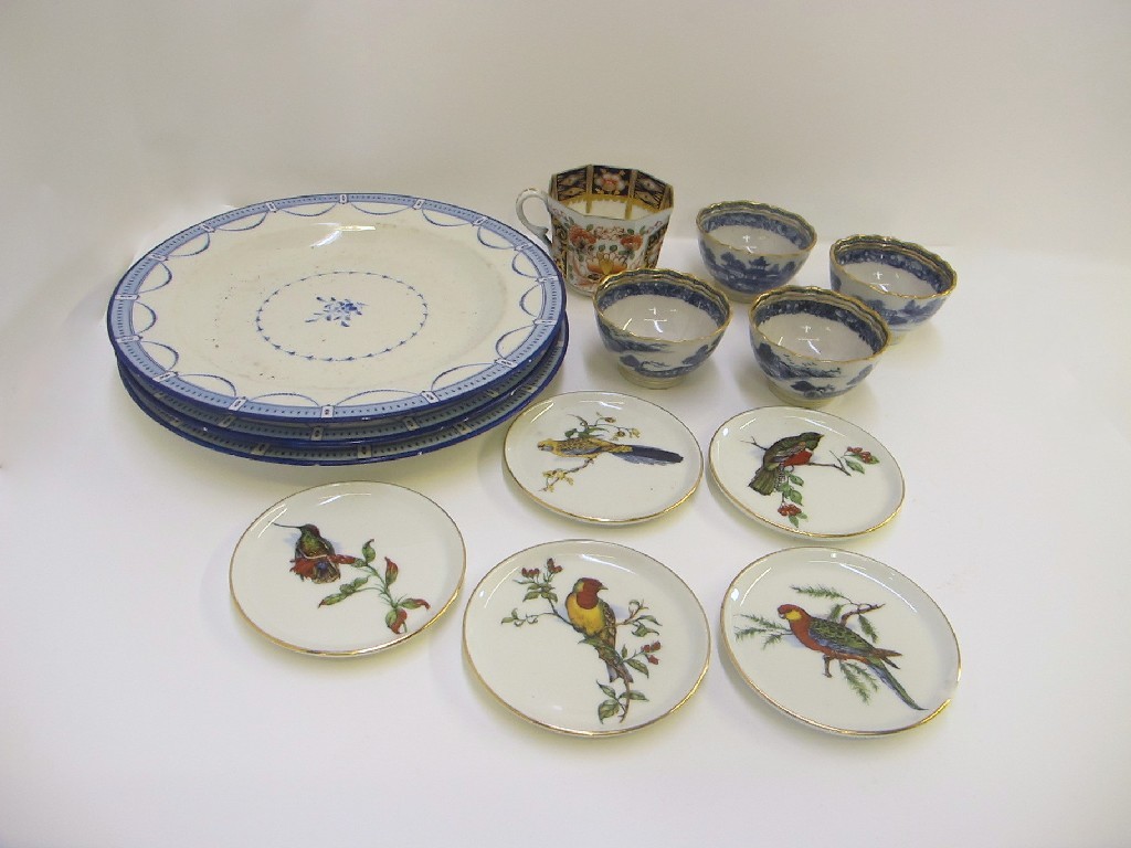 Appraisal: Three Derby plates Derby cup four blue white teabowls and