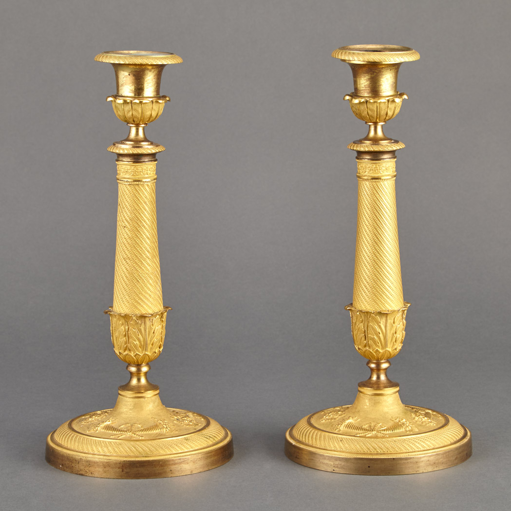 Appraisal: Pair of Charles X Gilt-Bronze Candlesticks Circa Each flaring spiral