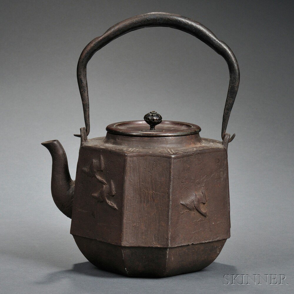 Appraisal: Iron Teapot Japan hexagonal cast with birds with an upright