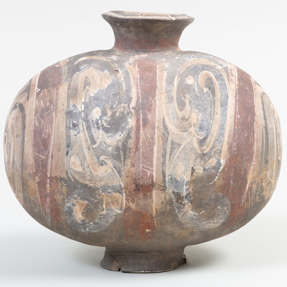 Appraisal: Chinese Painted Grey Pottery Cocoon Flask Applied label for Gallery