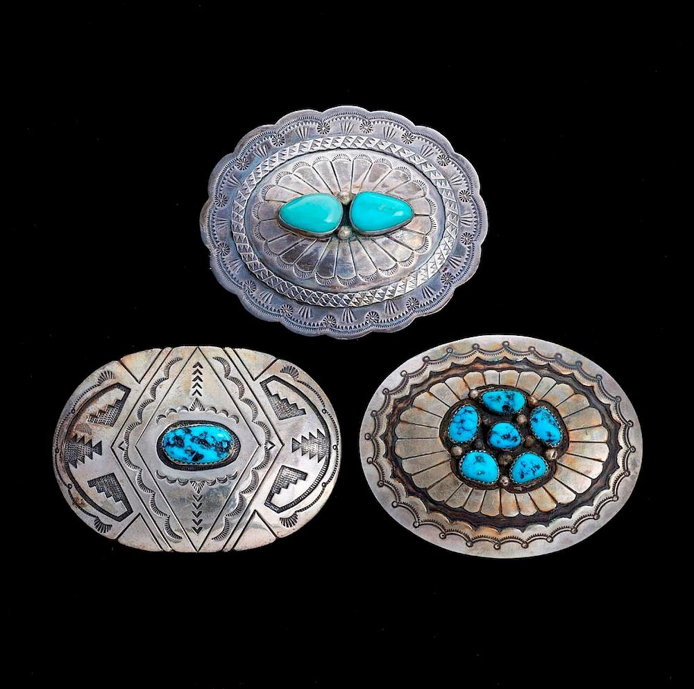 Appraisal: NAVAJO BELT BUCKLES Three Vintage old pawn turquoise coral and