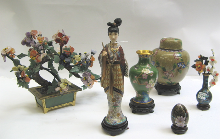 Appraisal: CHINESE CLOISONNE ART OBJECTS AND A JADE TREE Cloisonne covered