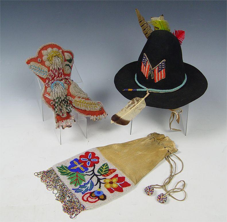 Appraisal: PIECE WOODLANDS RESERVATION ERA BEADWORK ITEMS Includes Hat with crossed