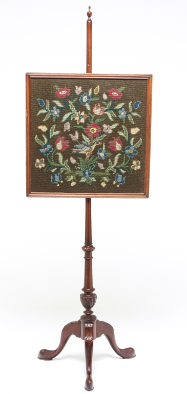 Appraisal: ENGLISH POLE SCREEN Mid th century mahogany Floral needlepoint screen