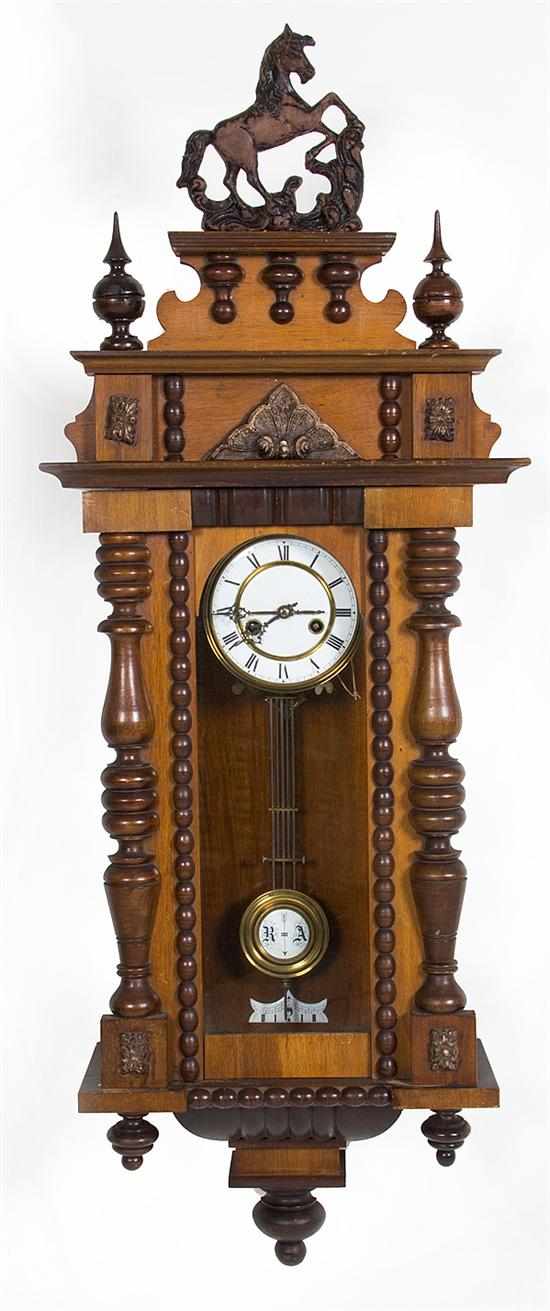 Appraisal: German walnut wall regulator clock late th century tiered pediment