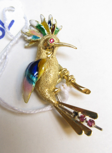 Appraisal: COLOR ENAMEL RUBY AND FOURTEEN KARAT GOLD BIRD BROOCH with