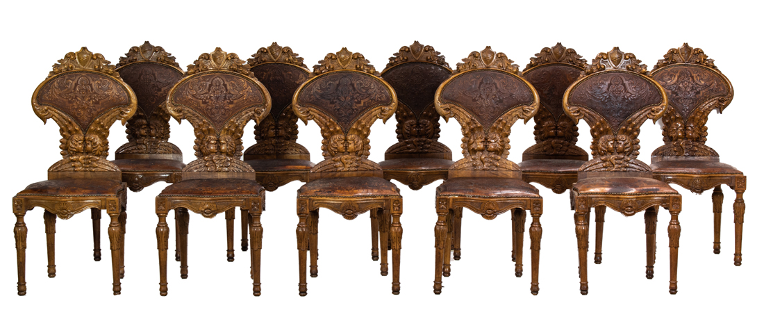 Appraisal: LOT OF ITALIAN TOOLED LEATHER DINING CHAIRS lot of Italian