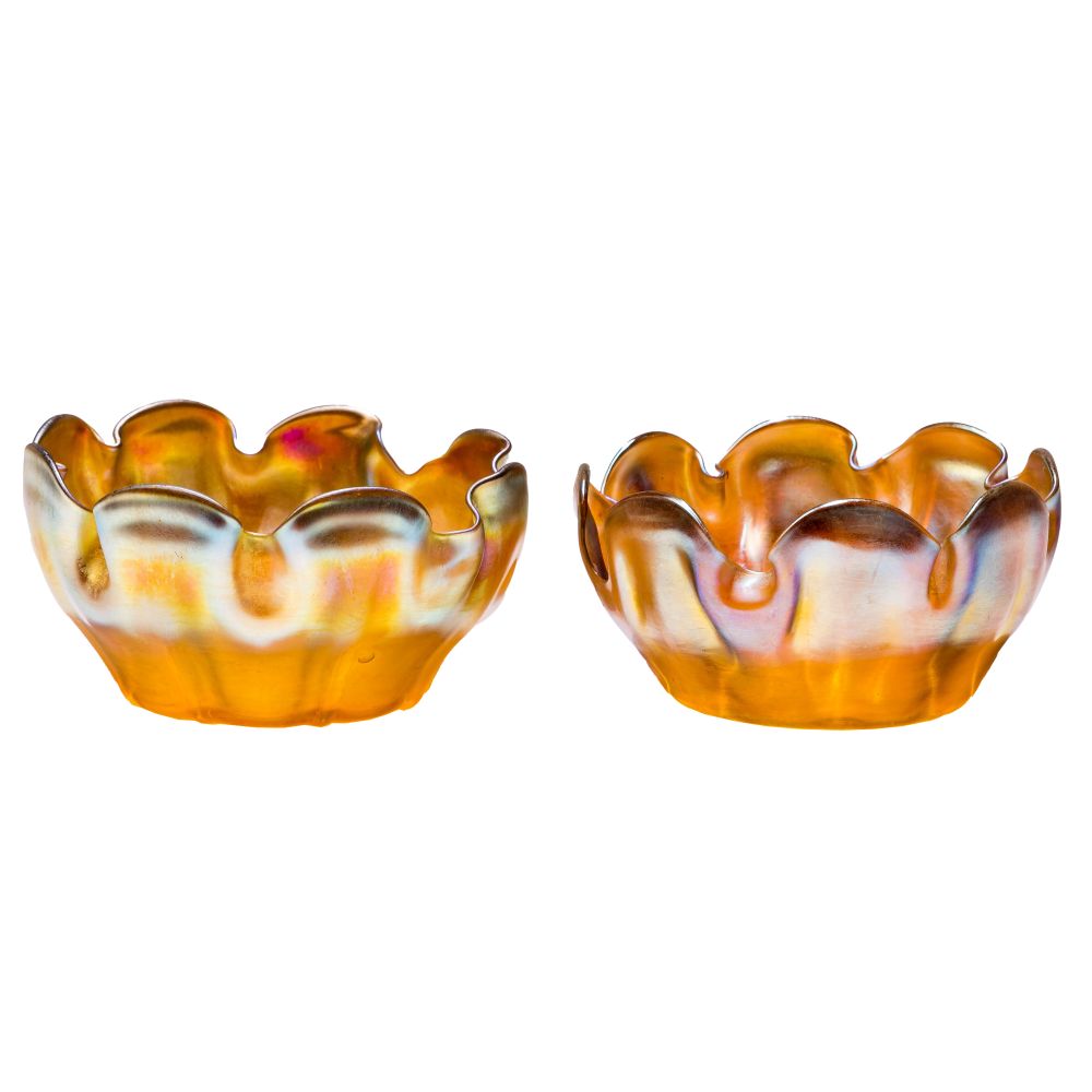 Appraisal: LOUIS COMFORT TIFFANY FINGER BOWLSPair gold Favrile ruffled edged floriform