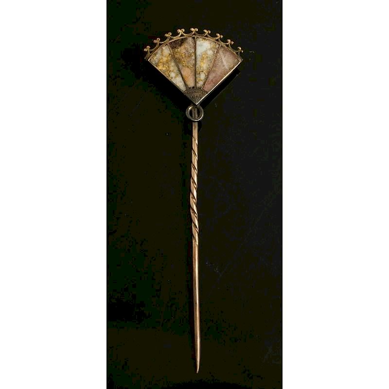 Appraisal: Gold and Gold Quartz Fan Stick Pin Fan form gold