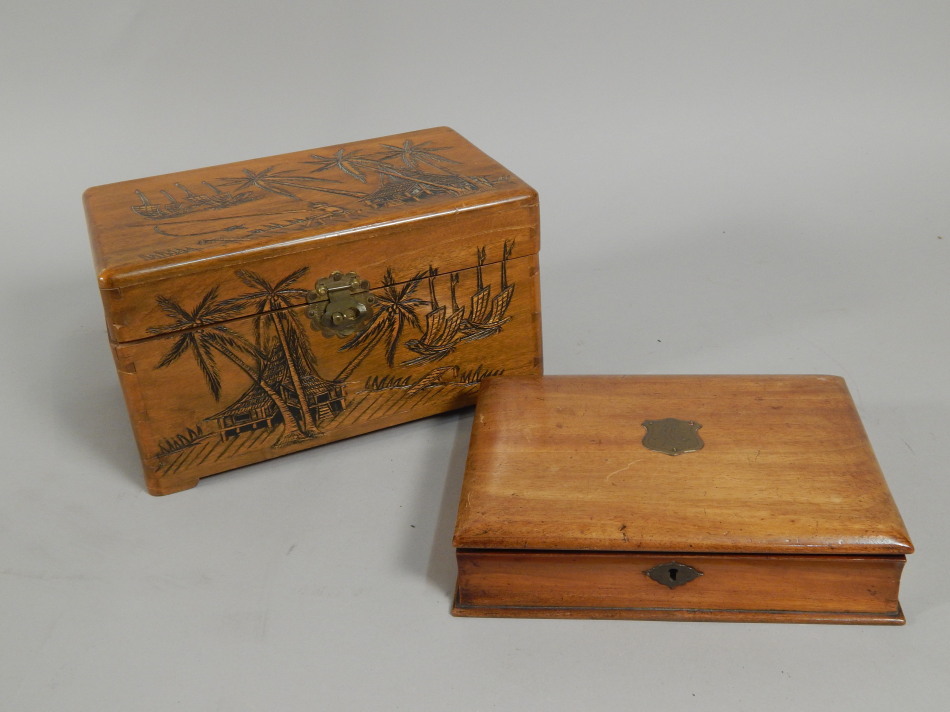 Appraisal: Two thC boxes one a camphor wood Oriental box carved