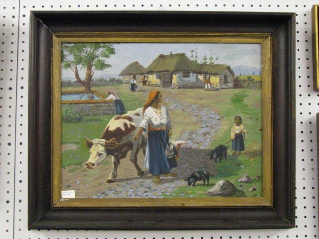 Appraisal: Oil on Canvas Village scene with figures pigs bull