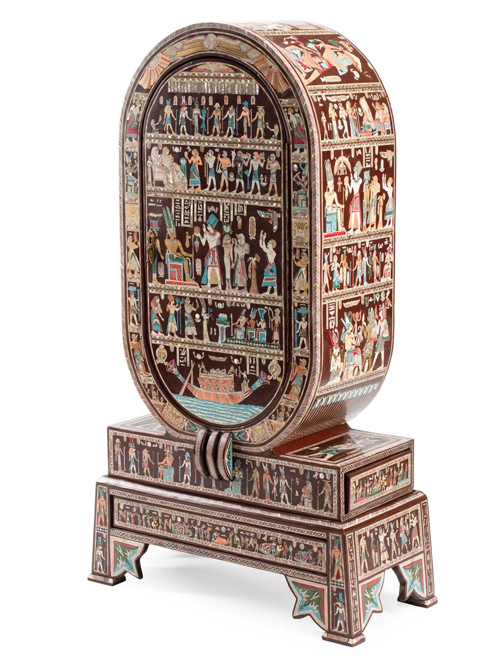 Appraisal: Egyptianesque Inlaid Hardwood Collector's Cabinet on Stand oval case with