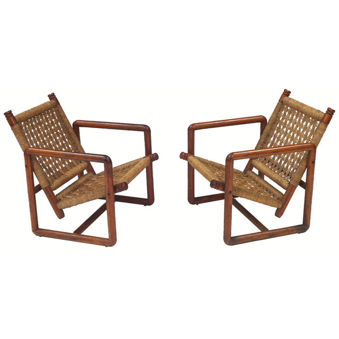 Appraisal: French armchairs pair s pine with caned rush back and